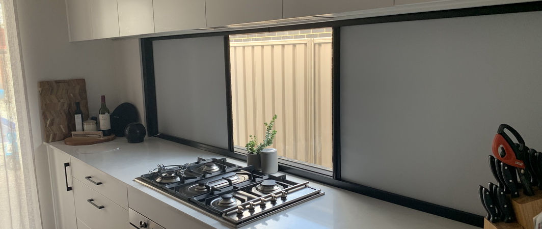 custom height white kitchen blinds